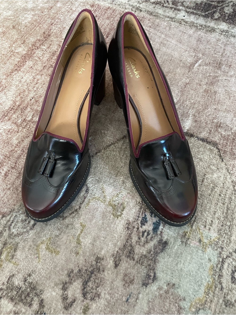 Clarks Women’s Black and Burgundy Leather Tassel Heels